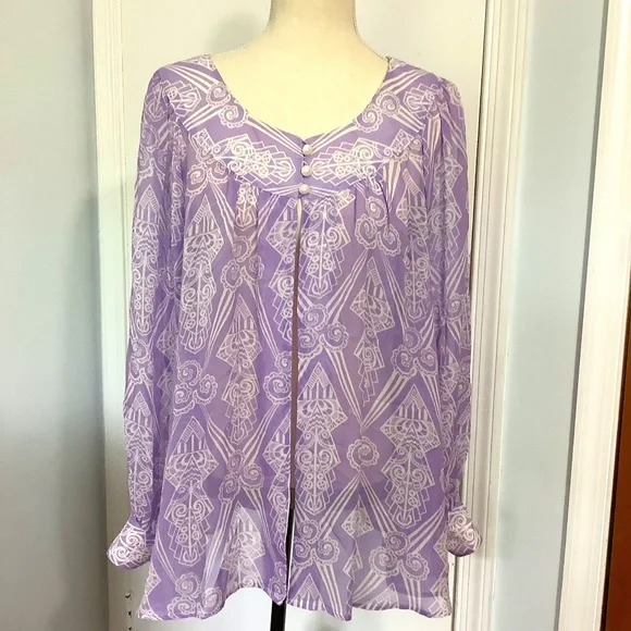 VINTAGE BOB MACKIE WEARABLE ART 100%SILK LILAC MEDIUM BLOUSE RARE ROMAN… - Picture 1 of 11